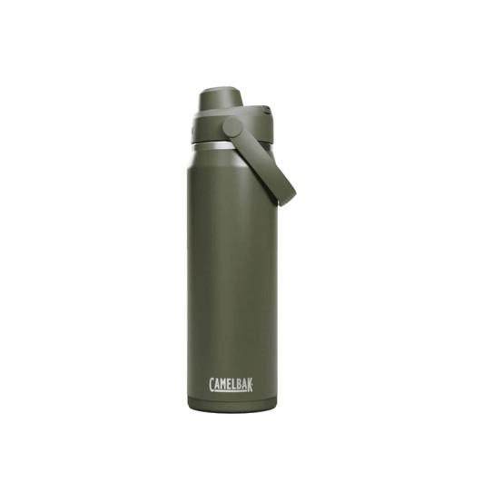 A drink bottle in an olive green shade with a flip-top lid and a logo.