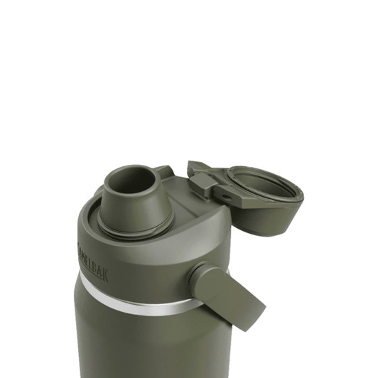 A drink bottle in olive green with a wide mouth and a flip-top lid, featuring a logo.