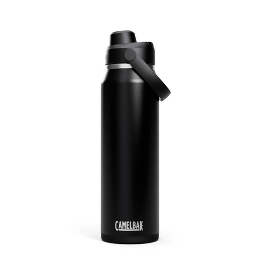 A drink bottle in matte black, featuring a screw-top lid and a carry handle, with a visible logo.