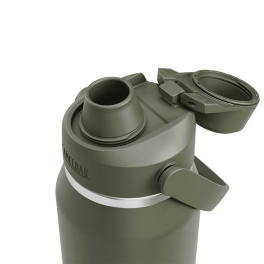 A drink bottle in olive green with a screw-on lid and a flip top cap, featuring a logo on the side.