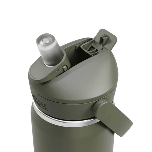A drink bottle in an olive green shade featuring a flip straw and a built-in cap. It has a logo on the side.