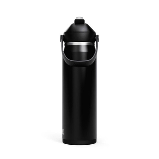 A drink bottle in black with a sturdy handle and a flip straw, featuring a silver band around the top.