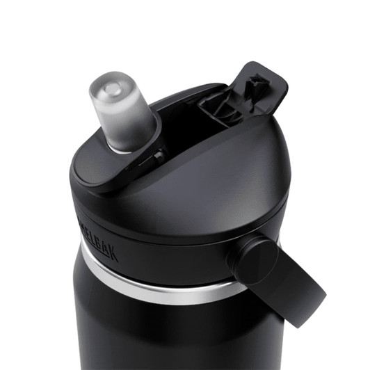 A drink bottle in black, featuring a flip straw lid and a shiny silver band, with a logo on the side.