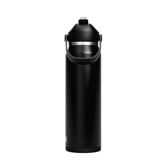 A drink bottle in sleek black with a flip straw lid and a carrying handle. It features a logo on the body.