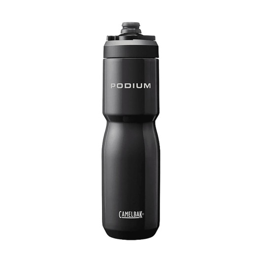 A drink bottle in black, featuring a screw-top lid and a brand logo, designed for insulation.