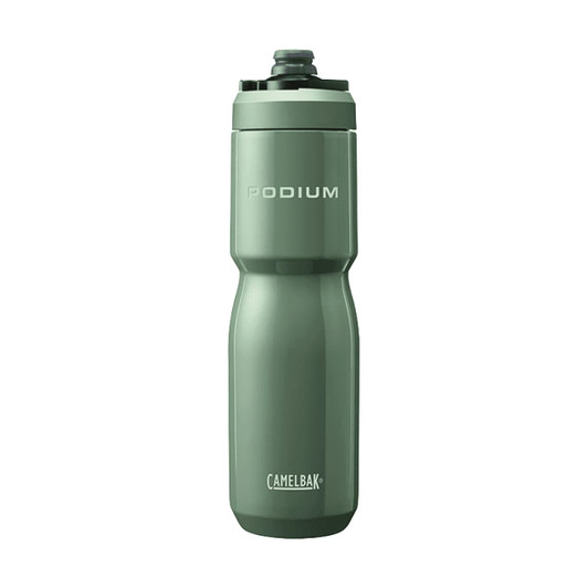 A drink bottle in a muted green colour, featuring a sleek design and a logo. It has a screw-on lid and a spout.