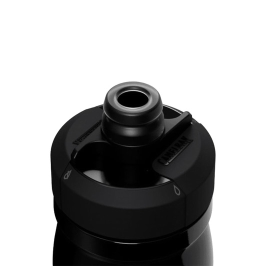 A drink bottle with a black insulated steel design and a sip nozzle, featuring a logo on the lid.
