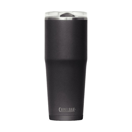 A drink bottle in matte black with a clear lid and a logo at the base.