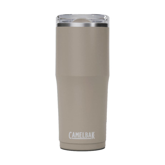A drink bottle in a light brown shade with a clear lid and a logo.