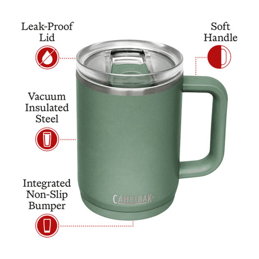 A drink bottle in green featuring a leak-proof lid, soft handle, and vacuum insulated stainless steel design.