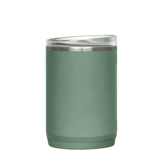 A drink bottle in a muted green colour with a stainless steel lid and a textured exterior. It features a logo.