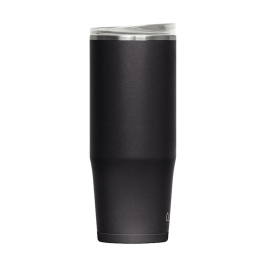 A drink bottle in matte black, featuring a sleek design and a transparent lid, with a logo on the side.