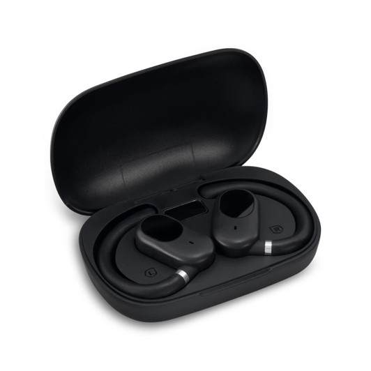 A pair of black Loop Ear Buds in a black charging case. The case is slightly open, revealing the buds inside.