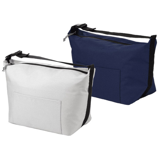 A cooler bag in white and navy blue, featuring a zipper closure and a front pocket. Includes a logo design.