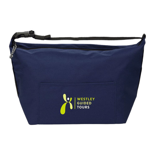 A navy blue cooler bag with a zip closure and a front pocket, featuring a logo.