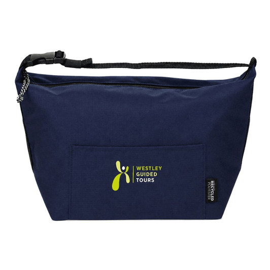 A navy blue cooler bag with a zipper, featuring a front pocket and a logo. Made from recycled materials.