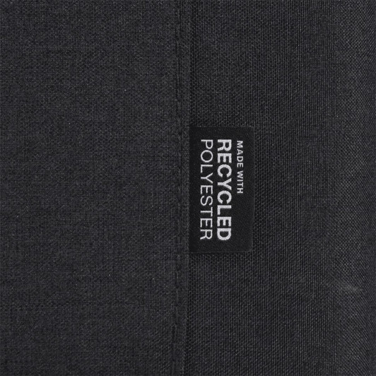 A black fabric label featuring the text "Made with Recycled Polyester." The label is sewn into the material.