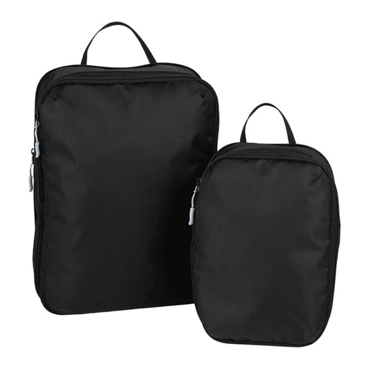 A set of black compression packing cubes in two sizes, featuring zippers and carry handles, with a logo.
