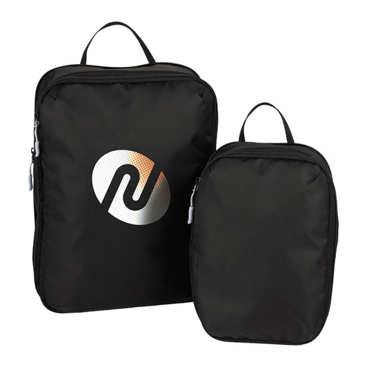 A set of black compression packing cubes, one large and one small, featuring a logo on each.