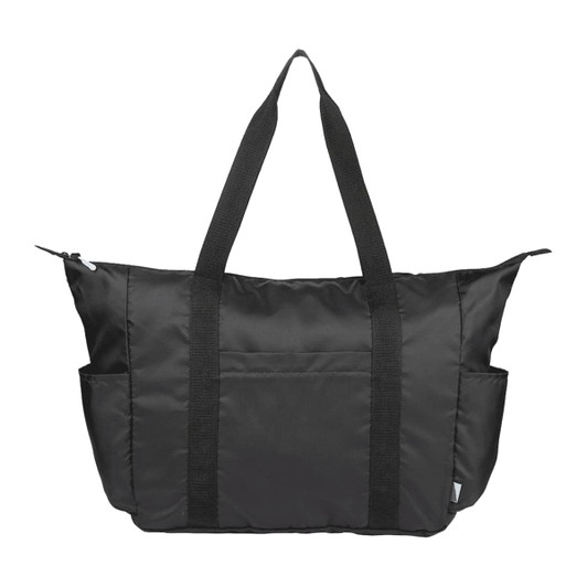 A black packable travel duffel bag with sturdy handles and side pockets. It features a logo on the front.