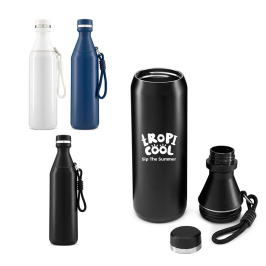 A drink bottle set featuring a white, navy blue, and black bottle with a logo and removable cap.