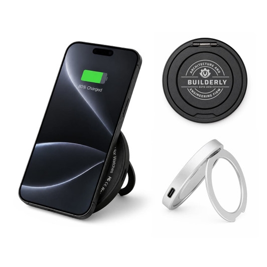 A black magnetic phone and watch charger with stand, featuring a silver ring and a phone displaying a charging status.