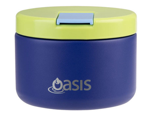 A food flask in navy blue with a light green lid, featuring a logo on the front.
