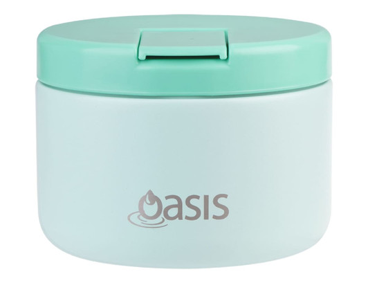 A food flask in a soft mint green colour with a lid and a branding logo on the front.