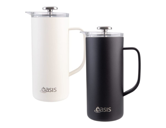 A drink bottle with a white and a black insulated coffee press design, featuring a lid and handle. It has a logo.