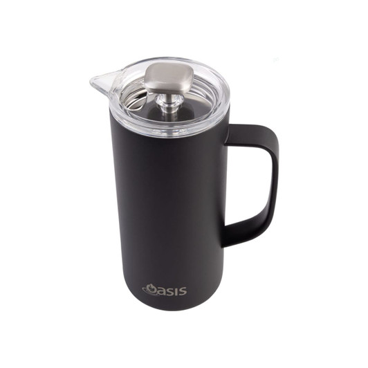A drink bottle in matte black with a transparent lid and a handle, featuring a logo on the front.
