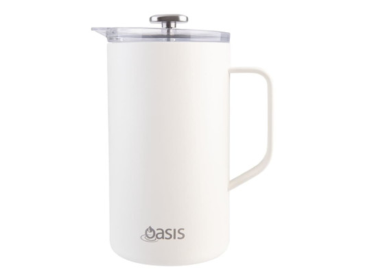 A drink bottle in a sleek white design with a clear lid and a stainless steel plunger. It features a logo on the front.