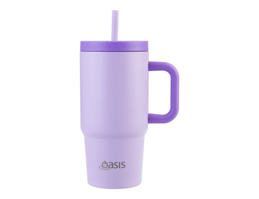A drink bottle in lavender with a straw and handle, featuring a branding logo.