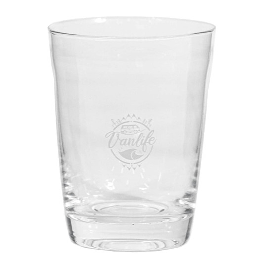 A drink bottle featuring a clear glass design with a circular base and an etched logo.