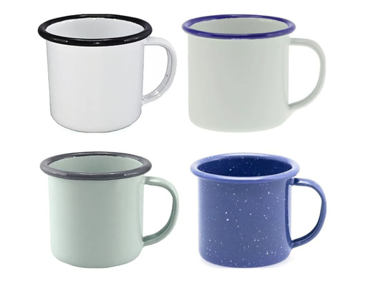 A set of four Falcon enamel espresso mugs in white, mint green, deep blue, and speckled blue, each with a contrasting rim.
