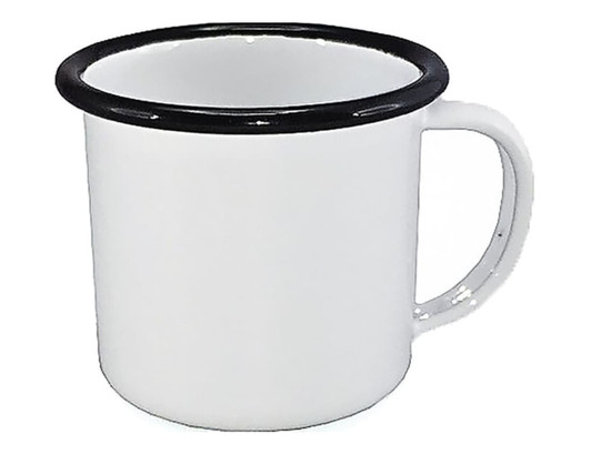 A white enamel espresso mug with a black rim and a sturdy handle, measuring 125ml and 6cm in height.