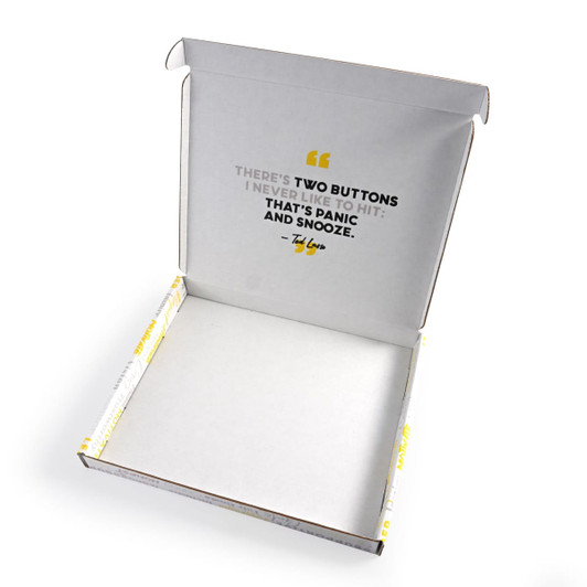 A custom printed box in white with a colourful interior, featuring a logo and printed text inside.
