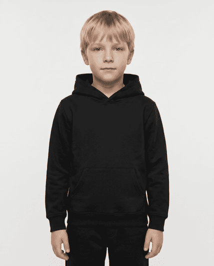 A black kids' hoodie with a front pocket and a hood, displayed on a child with short blonde hair.