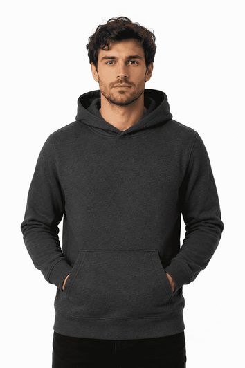A dark grey men's hoodie with a kangaroo pocket and a hood. It features a logo.