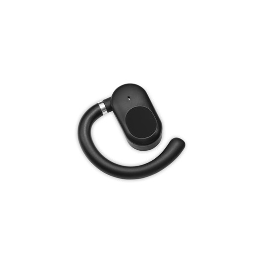 A black Loop Ear Bud features a sleek design with a rounded shape and an attached curved hook.