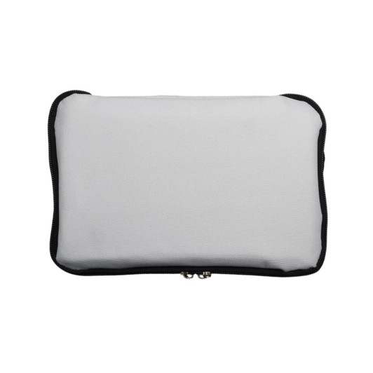 A grey zippered pouch with a black trim, featuring a plain exterior without any visible logos or text.