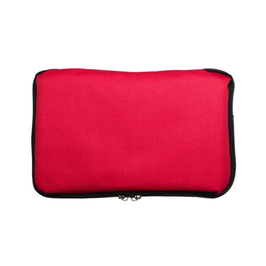 A red zippered pouch with a black trim, designed for outdoor and leisure activities. It features a logo.