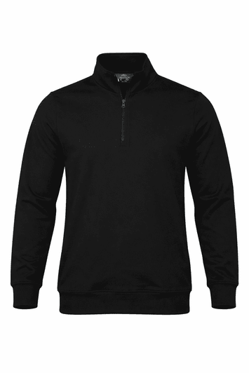 A black men's quarter-zip sweater with long sleeves and a logo on the chest.