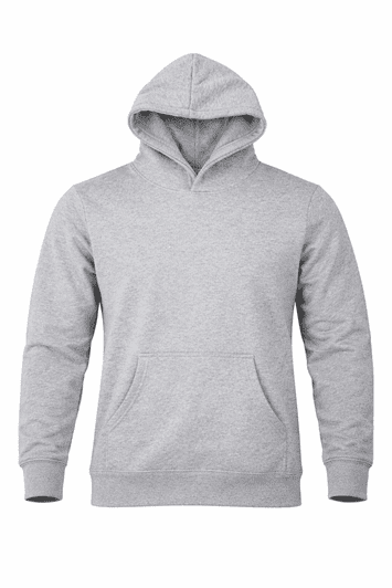 A grey hooded jumper with a front pocket and a logo on the front. Ideal for casual wear.