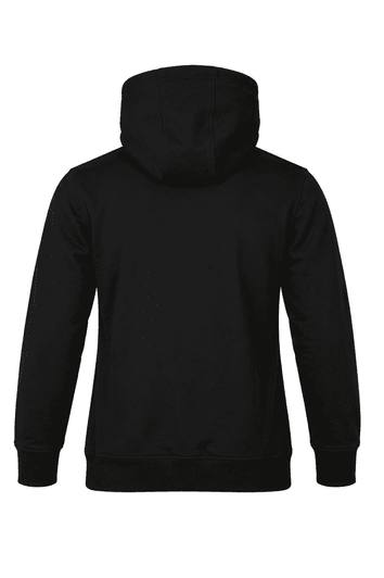A black men's hoodie featuring a hood and long sleeves, with a simple design and a logo on the back.