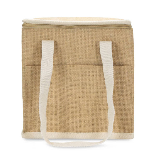A neutral-toned cooler bag with white handles, featuring a textured exterior and two side pockets.