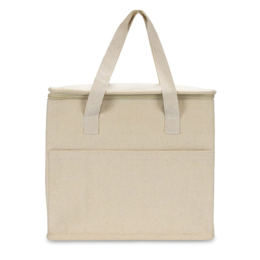 A cream cooler bag with two handles and a front pocket, featuring a simple design and a logo.