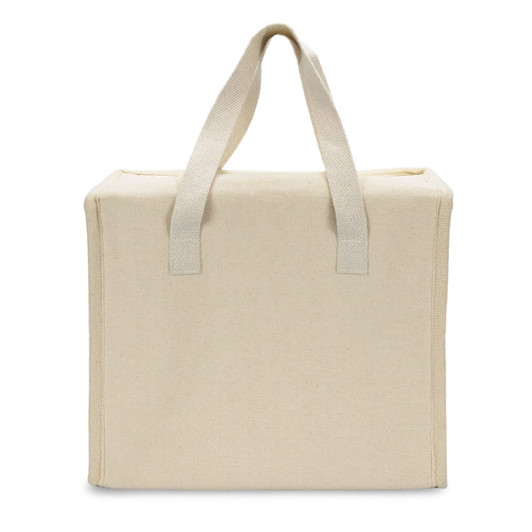 A beige cooler bag with sturdy handles and a simple design, featuring a logo on one side.