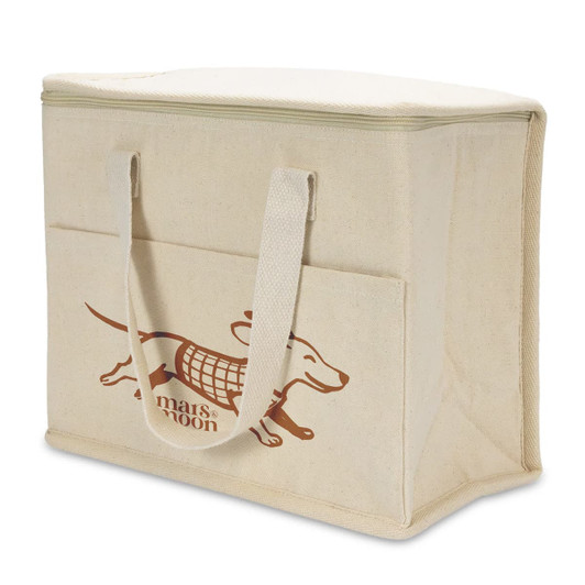 A cream cooler bag with a rectangular shape, featuring handles and a logo of a dog on the front.