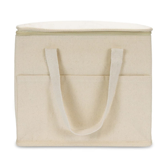 A cooler bag in a lightweight cream colour with a zip closure and handles, featuring a front pocket and branding.