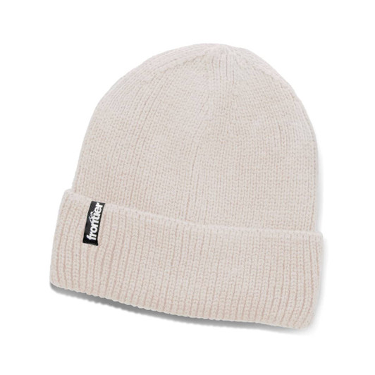 A light grey beanie with a folded cuff and a small logo tag. Ideal for winter wear.
